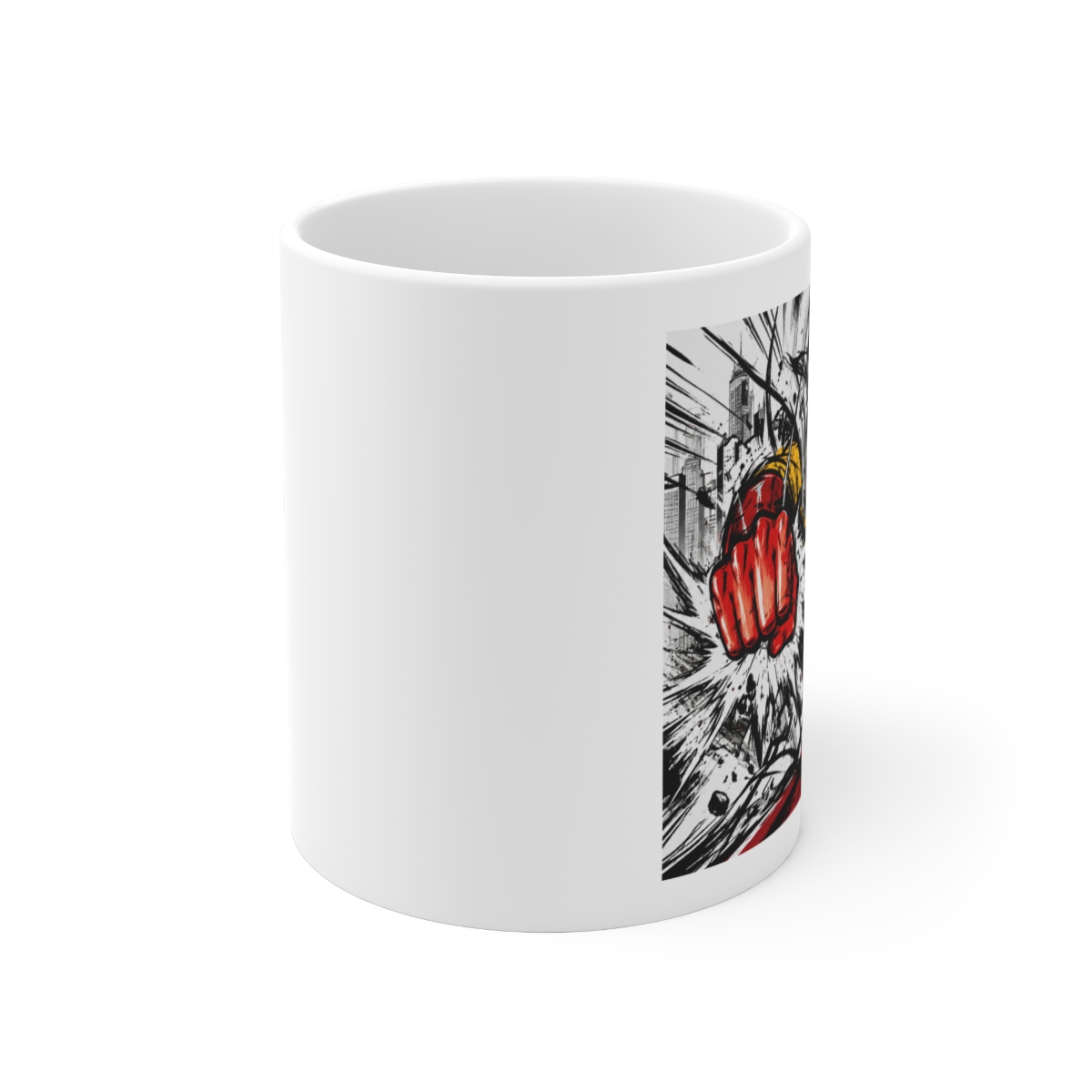 White ceramic mug with a black interior and handle. The mug displays a dynamic illustration of a bald superhero in a yellow suit throwing a punch. The background shows a cityscape and a silhouetted... - alternate angle 1, merchandise