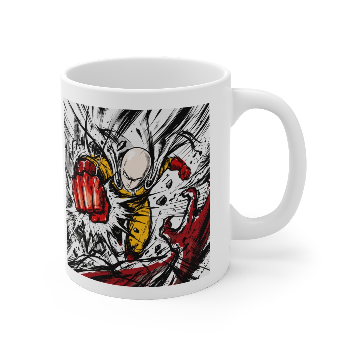 White ceramic mug with a black interior and handle. The mug displays a dynamic illustration of a bald superhero in a yellow suit throwing a punch. The background shows a cityscape and a silhouetted... — official One Punch Man mugs-drinkware