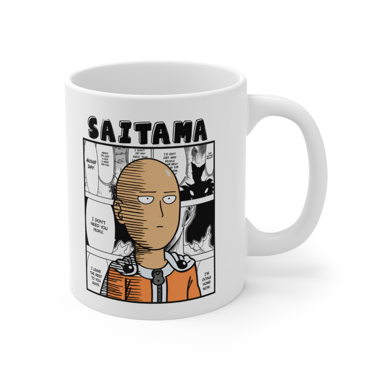 White ceramic mug featuring a comic book panel with the character Saitama from One-Punch Man. The mug has a handle and displays Saitama's image and speech bubbles with text — official One Punch Man Mugs & Drinkware