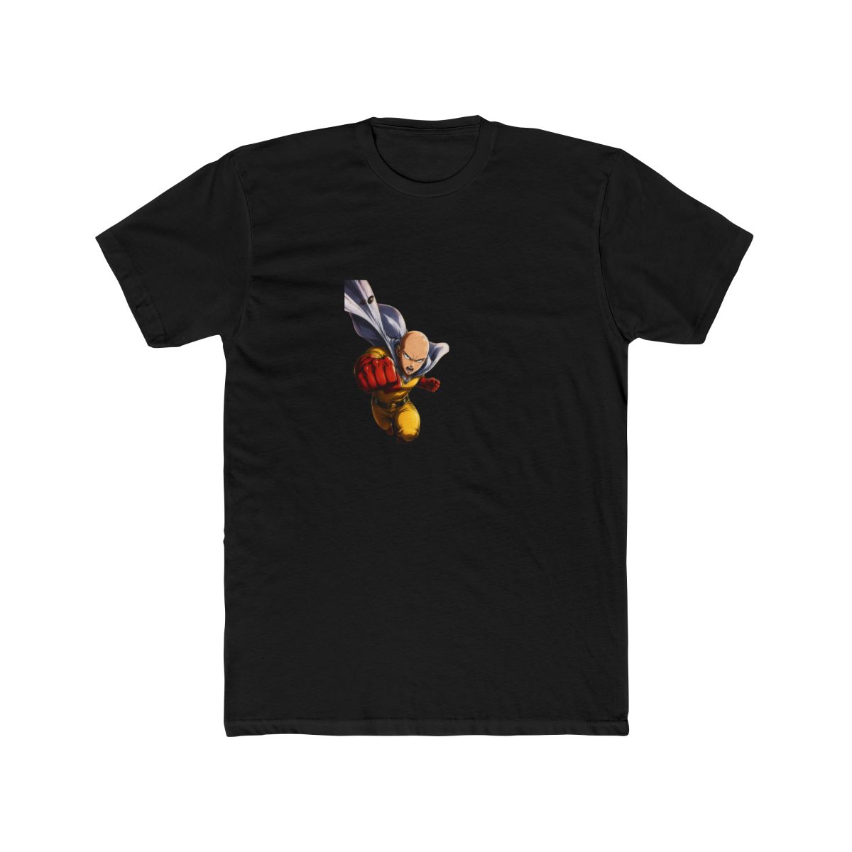 White T Shirt with a vibrant graphic of a bald superhero in a yellow suit and red gloves, mid-punch. The background shows an explosion and a dark silhouette. The superhero is wearing a white cape — official One Punch Man T-Shirts