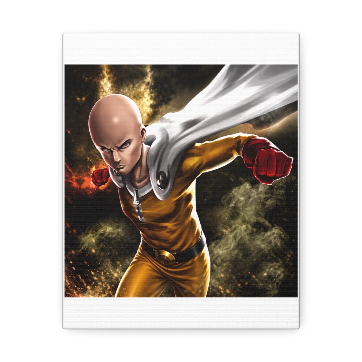 Posters art print of a bald character in a yellow jumpsuit, white cape, and red gloves, mid-punch. The artwork has a dynamic pose with a determined expression, set against a smoky, dark background.... - One Punch Man official Hats & Caps merch