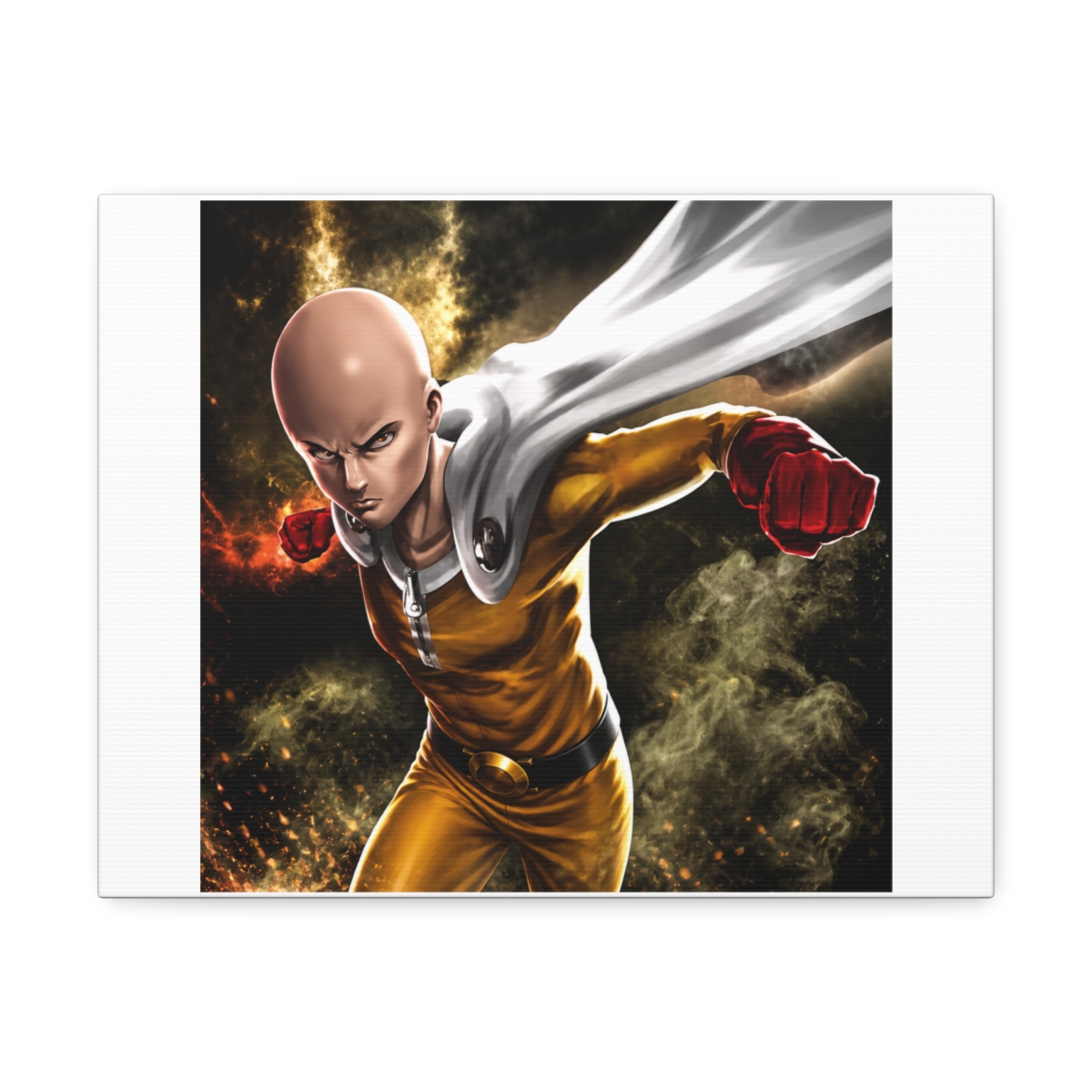 Posters art print of a bald character in a yellow jumpsuit, white cape, and red gloves, mid-punch. The artwork has a dynamic pose with a determined expression, set against a smoky, dark background.... - alternate angle 2, merchandise